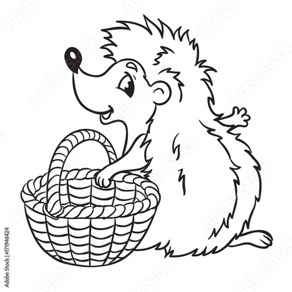 Fototapeta Hedgehog with a basket for mushrooms and harvesting. Isolated on a white background . Outlined for coloring book
