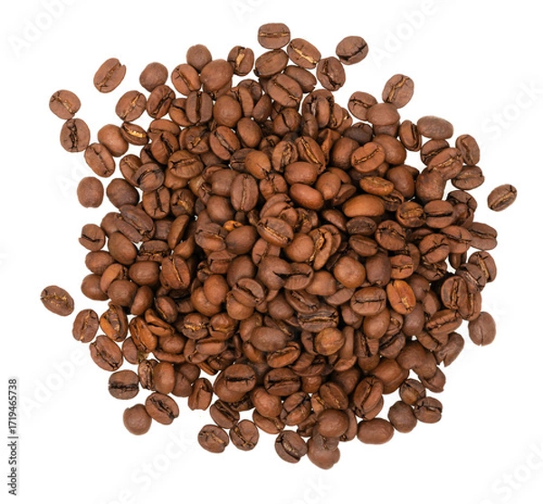 Fototapeta Freshly roasted coffee beans isolated on white background. coffee texture close-up, top view.