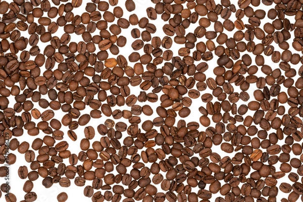 Fototapeta Freshly roasted coffee beans isolated on white background. coffee texture close-up, top view.