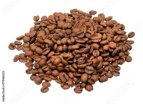 Fototapeta Freshly roasted coffee beans isolated on white background. coffee texture close-up, top view.