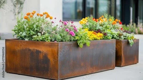 Obraz Rooftop garden with a sleek layout using weathered steel panels for modern raised beds holding flowers and edible plants