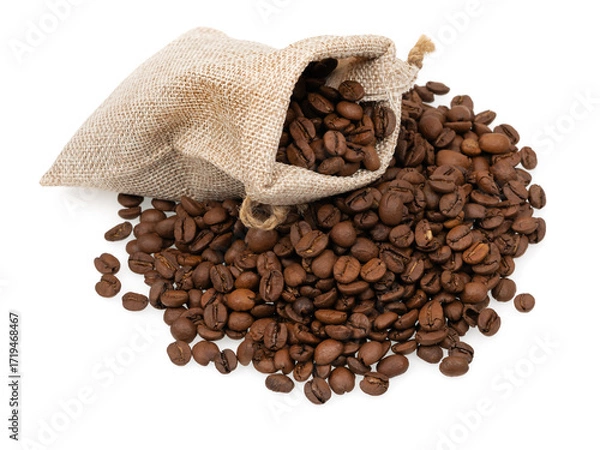 Fototapeta Roasted coffee beans in a jute bag isolated on white background. Coffee beans background texture.