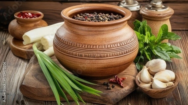 Fototapeta Rustic-style Thai red curry with pork, served in a traditional clay pot, with fresh ingredients like lemongrass and chili in the background.