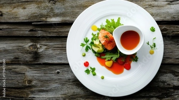 Fototapeta Salad of red fish, greens, and avocado on white plate, close-up top view, sauce in gravy boat, set on old wooden boards