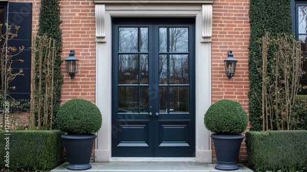 Fototapeta Scandinavian-style door with glass paneling and symmetrical low-profile potted plants