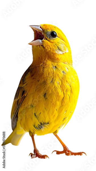 Fototapeta A vibrant yellow songbird with open beak, perched, showcasing detailed plumage and orange legs against a black background