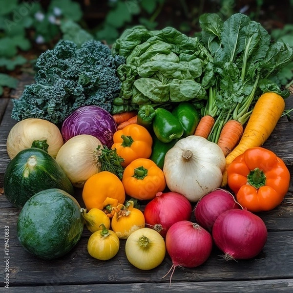 Fototapeta Overhead shot of a wooden table filled with freshly picked organic vegetables from the garden, ready to be prepared