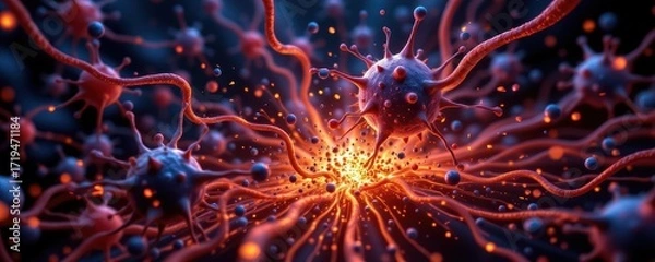 Fototapeta digital painting of the mental deterioration in frontotemporal dementia, neurons and synapses breaking apart into fragmented glowing particles