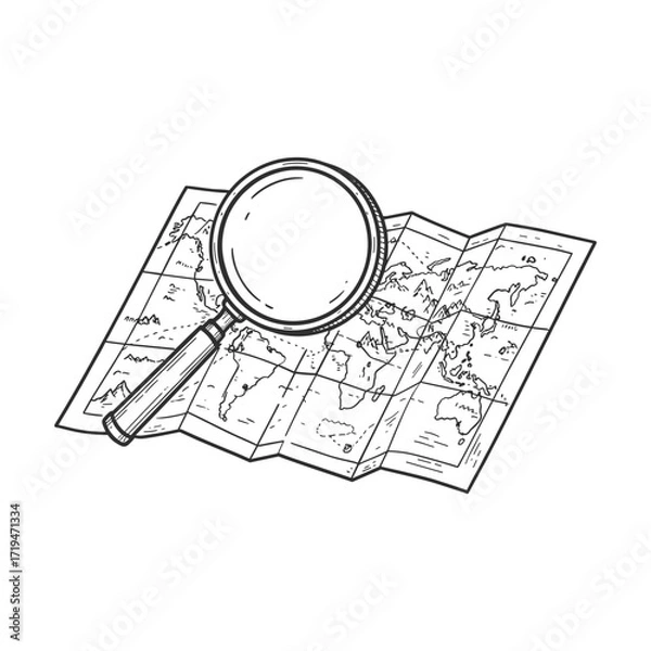 Fototapeta Magnifying glass placed on a world map in detailed vintage style vector illustration