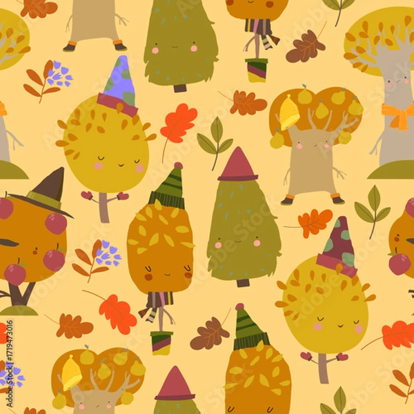 Fototapeta Seamless Pattern with Cartoon Colorful Autumn Trees