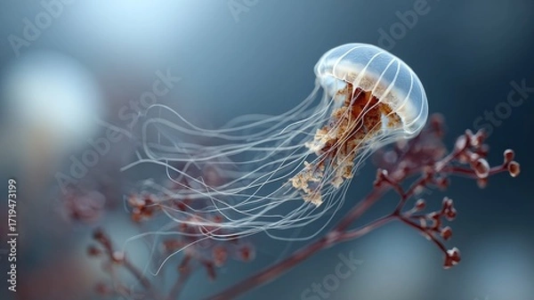 Fototapeta jellyfish dome viewed from beneath, translucent tendrils and glowing bioluminescence