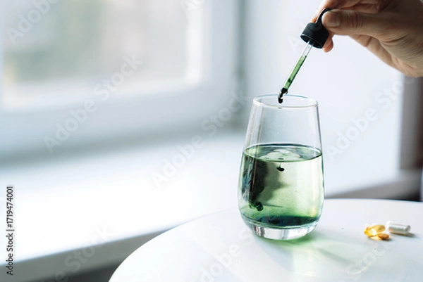 Fototapeta Mixing in action, chlorophyll drops tint the water green with visible swirls, vitamins, supplements on the side. Horizontal lifestyle shot, natural light.