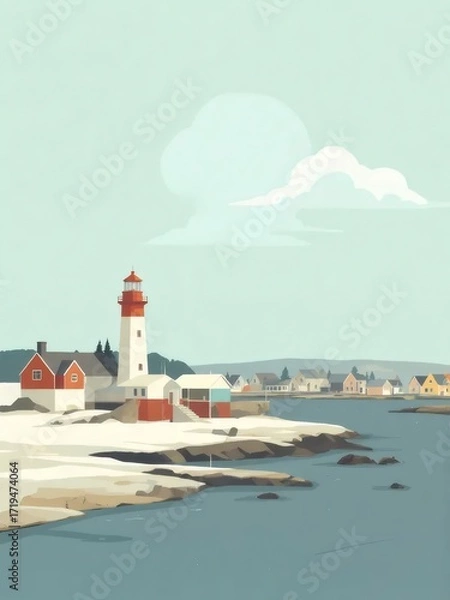 Fototapeta 港町の灯台と静かな水面を捉えたピクセルアート