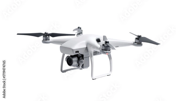 Fototapeta Sleek white quadcopter drone with four propellers, a gimbal-mounted camera, and a streamlined body, poised mid-flight