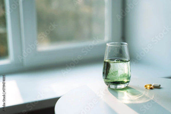 Fototapeta Glass of water with chlorophyll partially dissolved, soft green plumes. Capsules and softgels nearby. Horizontal wellness scene.