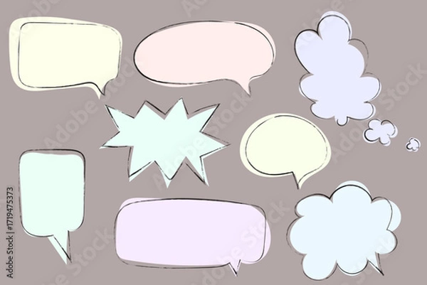 Fototapeta Pencil speech bubble text box doodle set. Hand drawn crayon talk balloons and pastel color cloud frames.