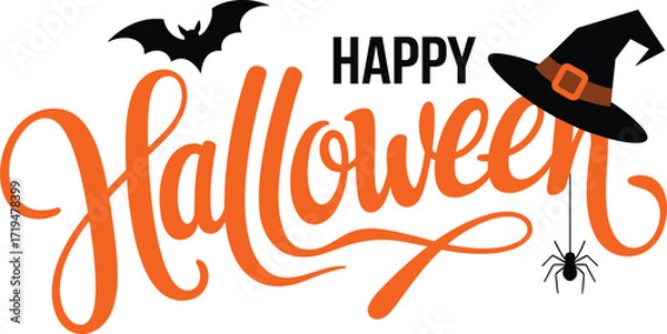 Obraz Halloween typography illustration, spooky script bat witch hat hanging spider festive clean background, cheerful seasonal design, vector clipart artwork