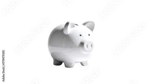 Fototapeta A glossy, white ceramic piggy bank, slightly angled, features a coin slot atop its head and small, simple features