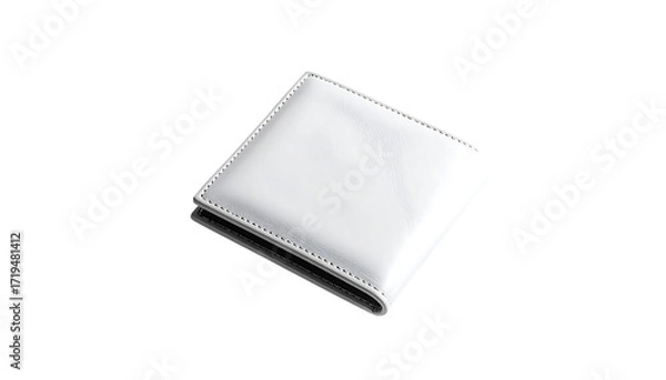 Fototapeta A minimalist, blank, white leather bi-fold wallet, subtly reflecting light, sits on a black background