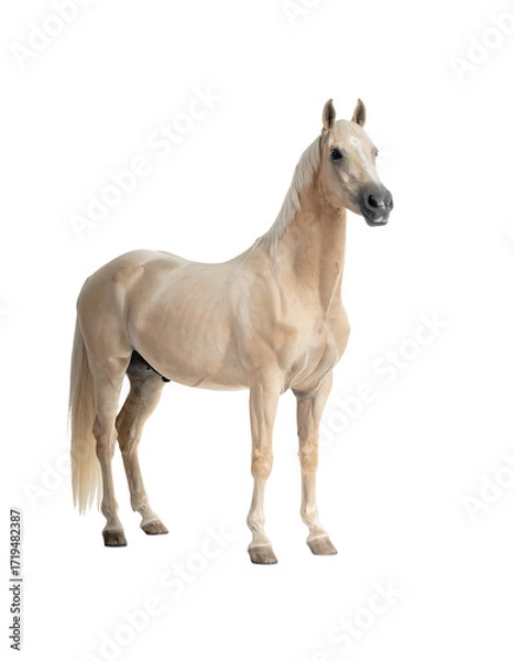 Fototapeta A palomino horse stands, facing forward, on a black background; its coat is a light, creamy gold, mane and tail slightly darker