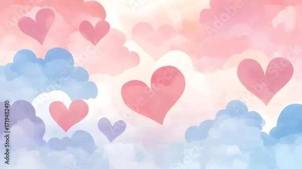 Fototapeta 水彩ハートと雲の背景 パステルカラーのロマンチックなデザイン