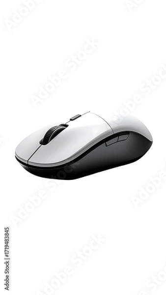 Fototapeta Sleek, white wireless computer mouse with subtle gray accents and two buttons, shown at a three-quarter angle against a black background