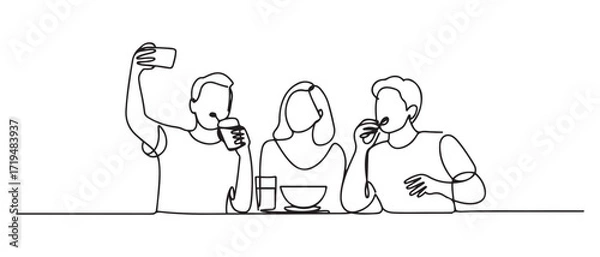 Obraz Simple line drawing of people selfie while drinking at a hangout. Happy people eating. one line Icon drawing with white background