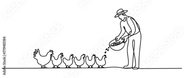 Obraz Single one line drawing of farmer feeding chickens. Farming challenge minimal concept. one line Icon drawing with white background