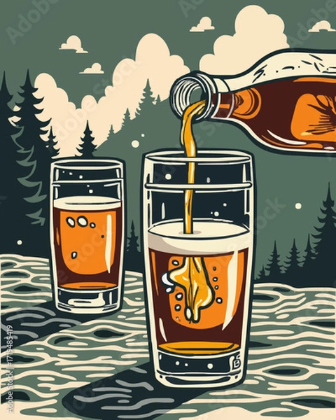 Obraz - Beer being poured into glasses in a forest illustration
