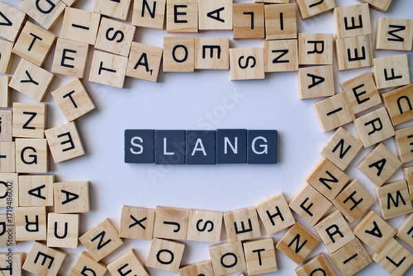 Fototapeta Slang word in wooden cube blocks, informal language concept, casual communication idea, modern speech and expressions theme