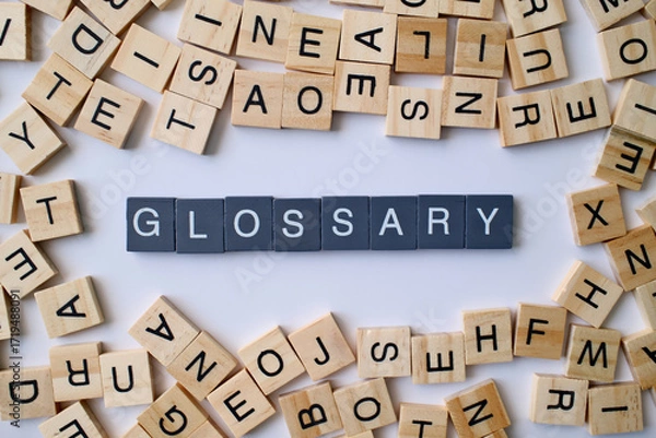 Fototapeta Glossary word in wooden cube blocks, alphabetical dictionary concept, collection of terms and definitions, education and reference idea