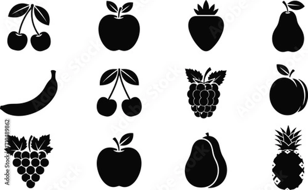 Obraz Black Fruit Silhouette Icons Set Featuring Apple, Banana, Pear, Cherry, Strawberry, Pineapple, Peach, Grapes, Raspberries, Healthy Food Symbols