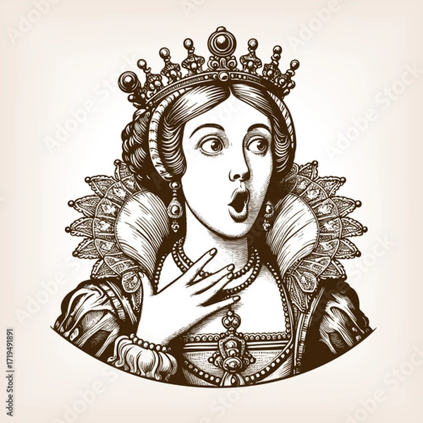 Fototapeta royal queen wearing an ornate crown and jewelry, with wide eyes and surprised expression sketch engraving generative ai fictional character vector illustration. Scratch board. Black and white image.