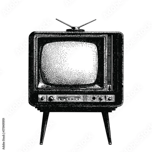 Obraz Unique halftone style television vector illustration of an old crt tv with antenna, halftone retro tv drawing for nostalgic style artwork.