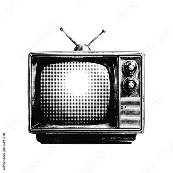 Obraz Unique halftone style television vector illustration of an old crt tv with antenna, halftone retro tv drawing for nostalgic style artwork.