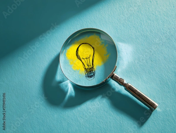 Fototapeta Magnifying glass highlighting a glowing light bulb. Concept image symbolizing ideas and research