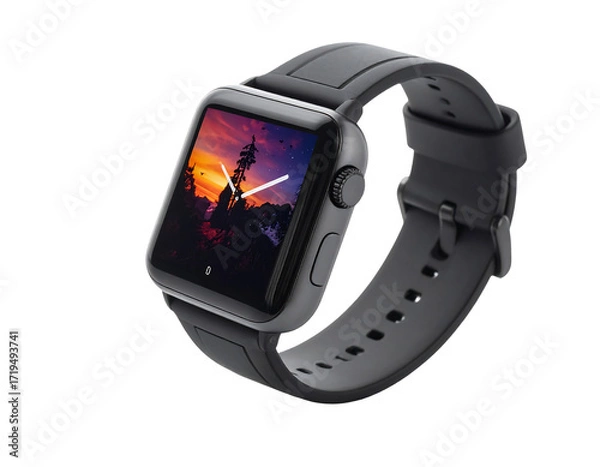 Fototapeta A dark gray smartwatch with a landscape photo on its screen, worn on a matching band, angled to showcase its design and features