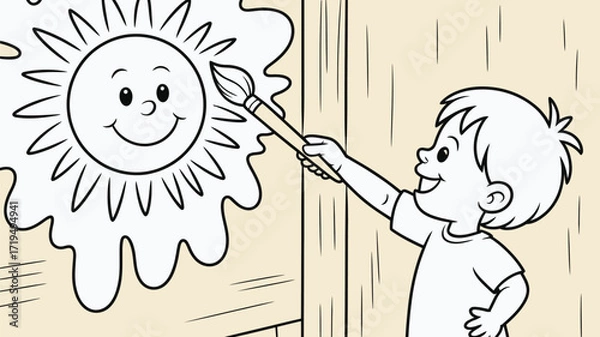 Fototapeta Happy kid painting a sun on a wall, a joyful burst of creativity and imagination for children's books and educational materials