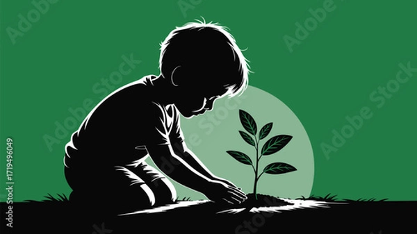 Fototapeta Young boy planting a tree seedling in rich soil, symbolizing growth, nature, and environmental stewardship for a sustainable future