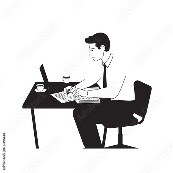 Fototapeta Black and white line art of a hardworking man at office desk with laptop and documents minimalist illustration