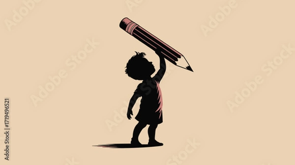 Fototapeta Inspiring young creative silhouette with giant pencil, ideal for education, imagination, and children's art projects with a touch of vintage charm