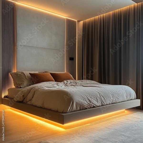 Fototapeta Modern bedroom interior with a large bed, curtains, and ambient lighting creating a cozy and luxurious atmosphere
