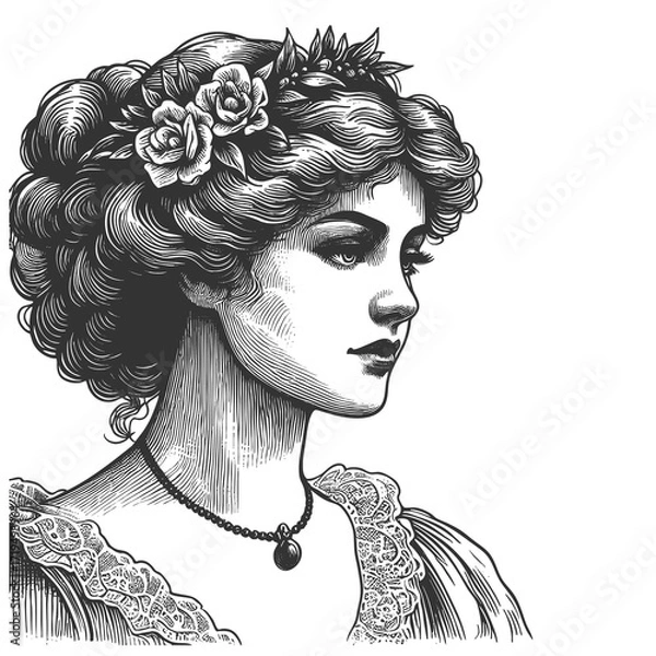 Fototapeta 19th century woman wearing floral crown and ornate dress sketch engraving generative ai fictional character raster illustration. Scratch board imitation. Black and white image.