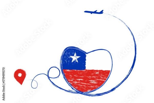 Fototapeta Flag of Chile. Heart, love romantic travel. Symbol of airplane, air plane, aircraft, aeroplane, flying, fly jet airline. Line path. Vector location pointer route. Travel for your web site design, logo