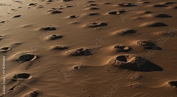 Fototapeta Desolate desert landscape with countless footprints in the sand suggesting a long journey.