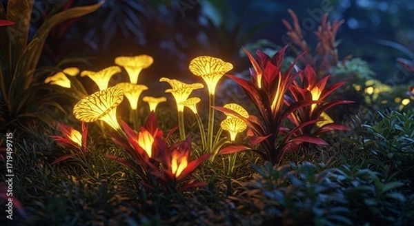 Fototapeta Magical glowing mushrooms and red plants illuminating a dark, dense jungle floor with mysterious light.