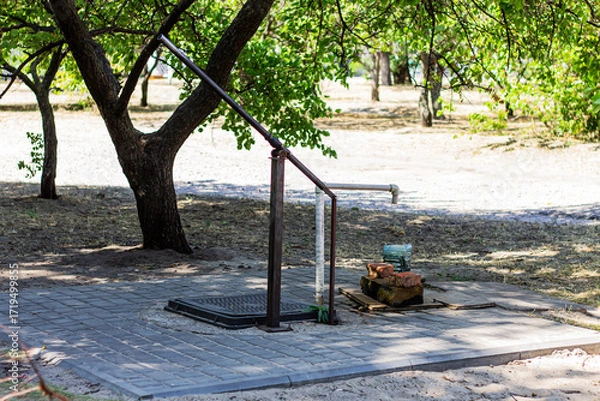Fototapeta An old water pump stands in a peaceful, sunlit park. The scene captures a quiet moment of rural life, with green trees and natural light highlighting the weathered texture of the pump.

