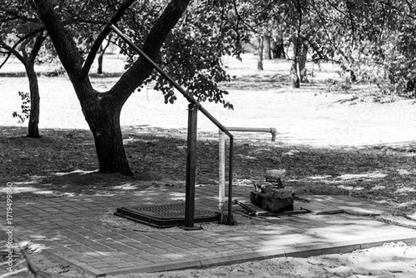 Fototapeta An old manual water pump stands on a paved brick square under the shade of trees on a sunny day. The black and white tones add a sense of timelessness.

