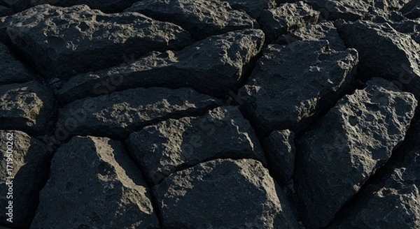 Fototapeta Rugged natural background of large, sharp, interlocking basalt rocks with strong shadows.