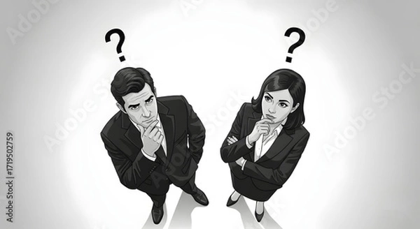 Fototapeta Confused business team looking up with question marks pondering strategy and decisions ideal for problem-solving and business solution articles